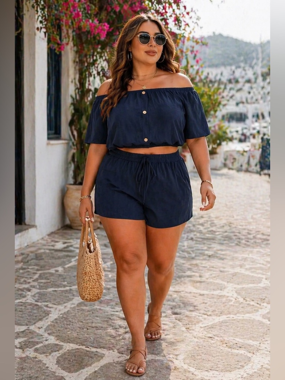 NEW Off-Shoulder Two-Piece Set Navy Blue Sz 3X Lightweight Casual Nautical Airy